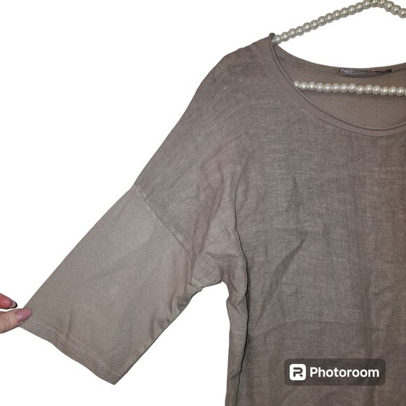 Grey Violet M Made In Italy 100% Linen Taupe Long Minimalist Tunic Top Lagenlook - Picture 3 of 6